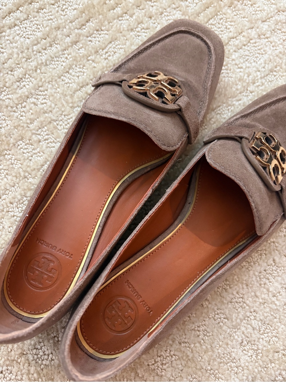 Tory Burch Taupe Suede Loafers with Gold Logo